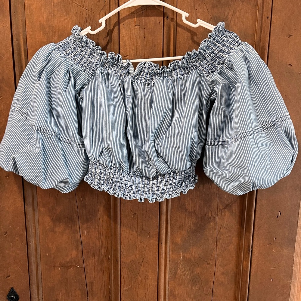 VENUS BLUE &WHITE STRIPED OFF SHOULDER CROP TOP